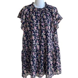 New Loft Petite Navy Gold Multi Floral Tiered Swing Dress SP Lined Cap Sleeve